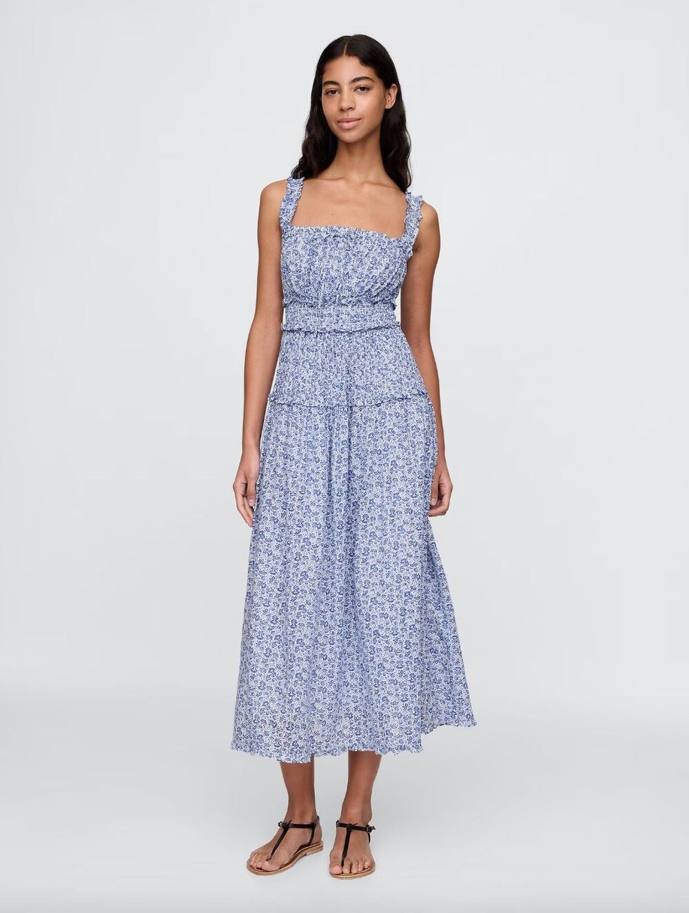 Doen x Gap Floral Midi Dress Smocked Blue Size M